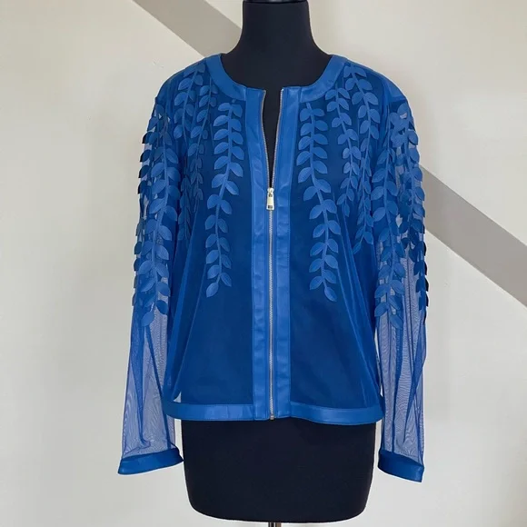 Colleen Lopez Vibrant Blue Sheer Faux Leather Jacket Women’s Sz S Leaf Details - Picture 13 of 13